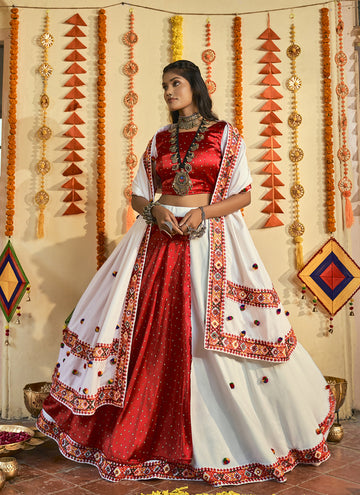 Thread Embroidery Work White Muslin Cotton Chaniya Choli for Navratri